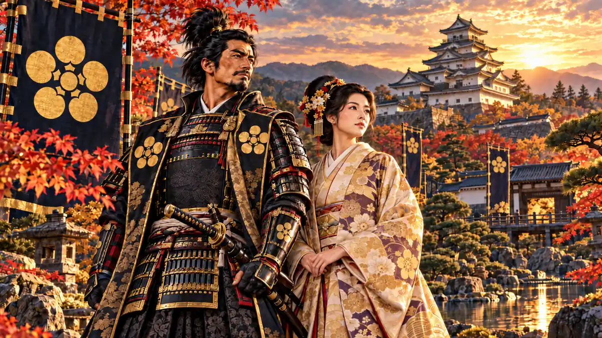 AI-generated historical image of Maeda Toshiie and Matsu standing together in front of a castle town