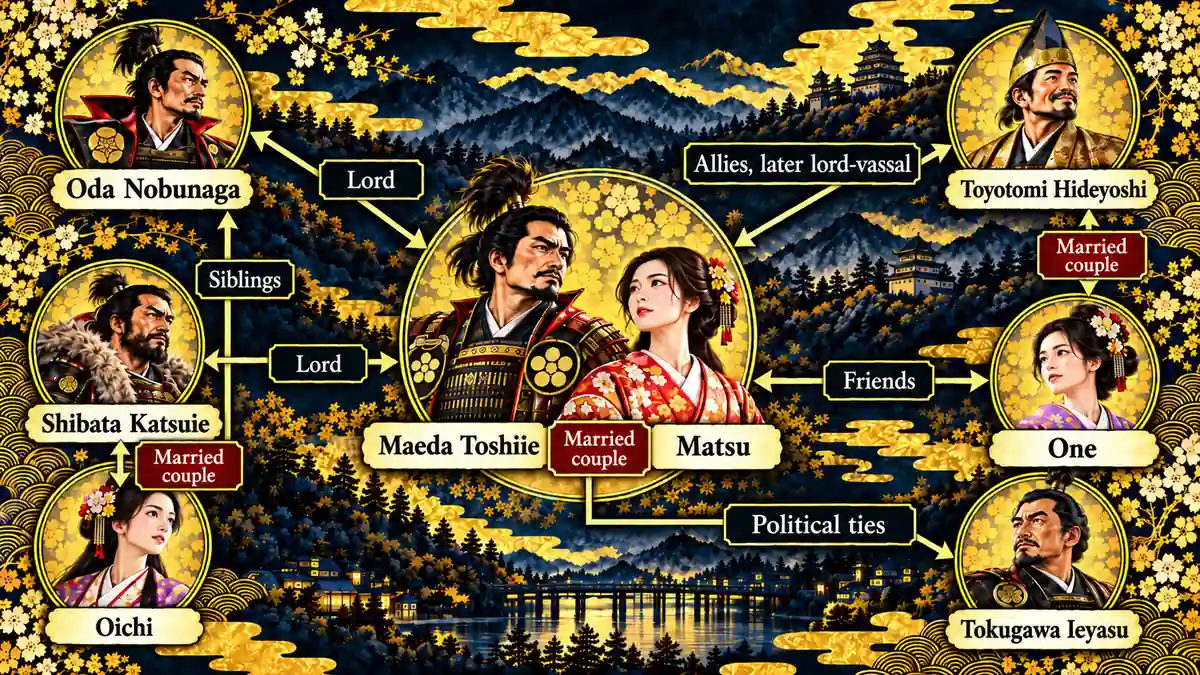 Relationship chart showing Maeda Toshiie, Matsu, Oda Nobunaga, Toyotomi Hideyoshi, Oichi, Nene, Shibata Katsuie, and Tokugawa Ieyasu