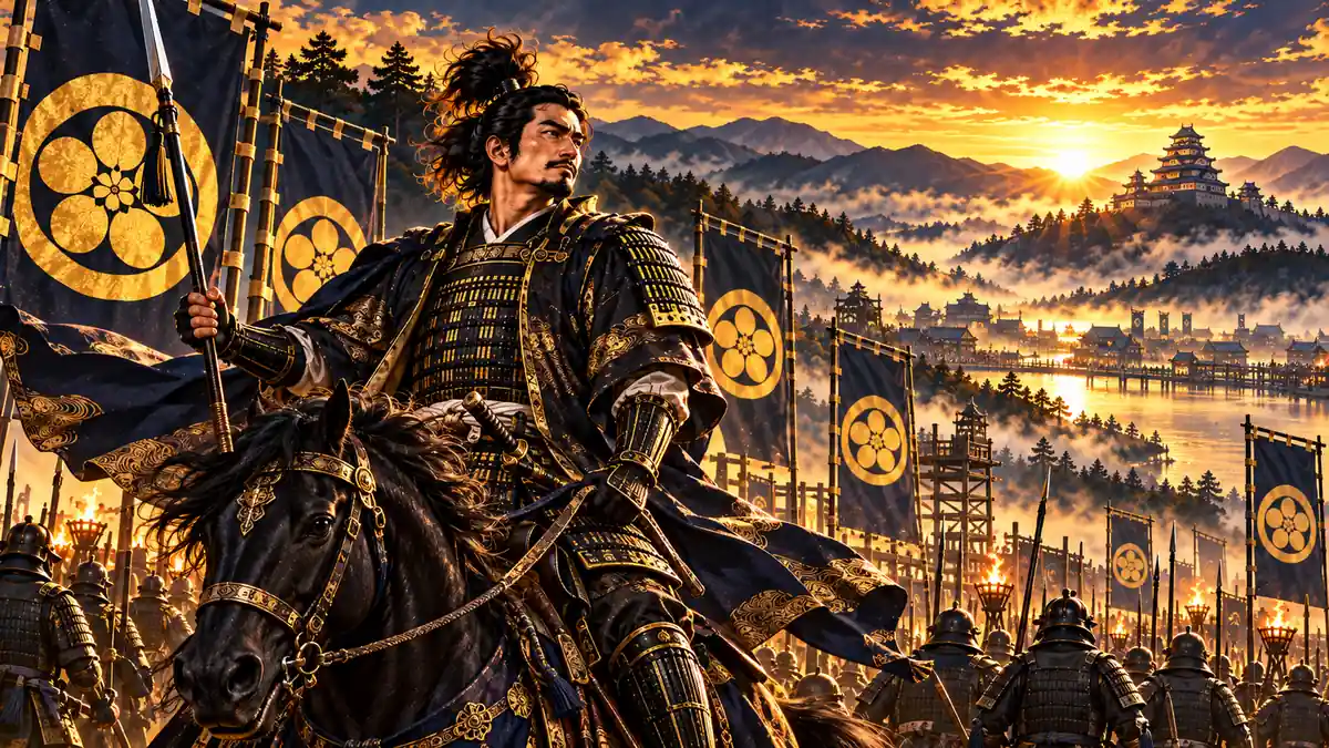 AI-generated battlefield image of Maeda Toshiie during the Sengoku period