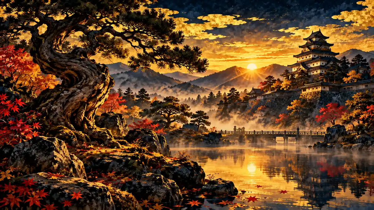 AI-generated symbolic landscape with an old tree and castle at sunset