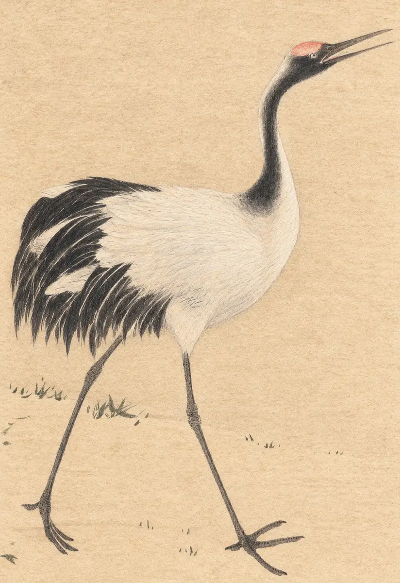 AI illustration of a crane with a red crown, long legs and black-and-white plumage, inspired by Muqi’s crane painting