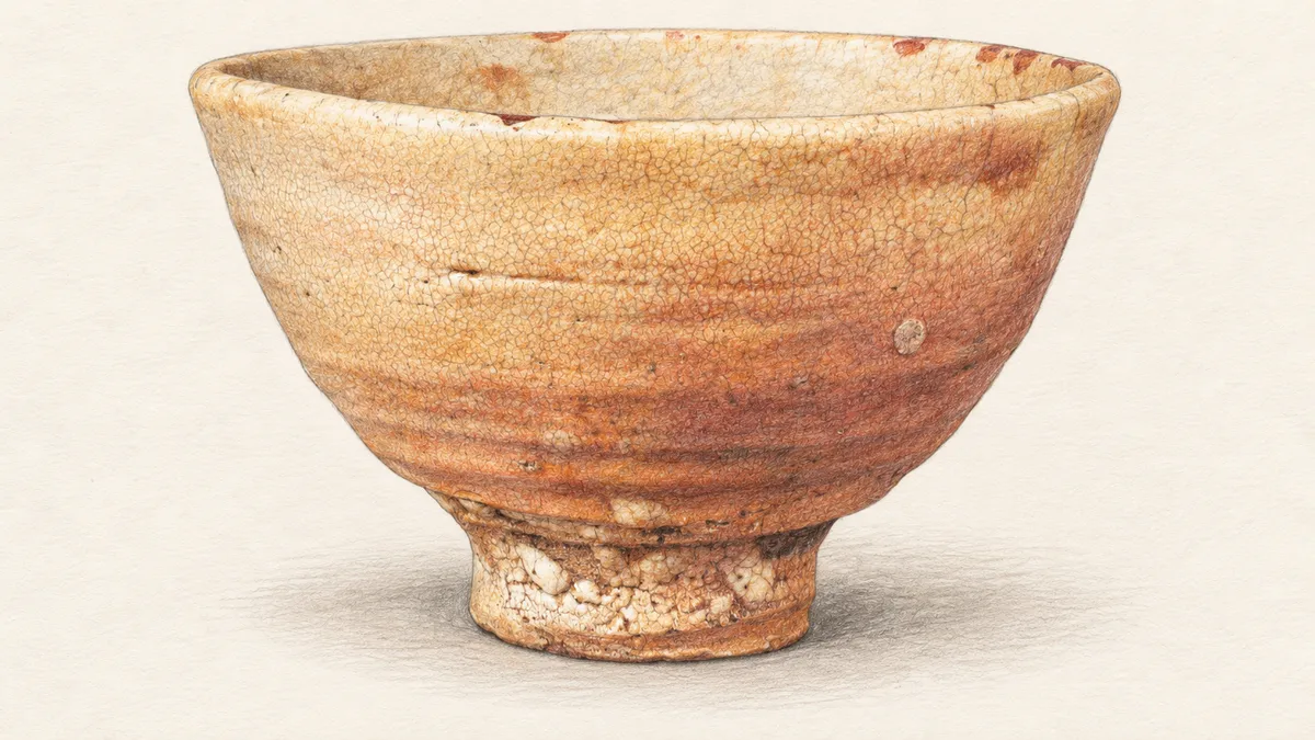 AI illustration inspired by the Kizaemon Ido tea bowl, with a warm brown glaze, crackle-like lines and a raised foot