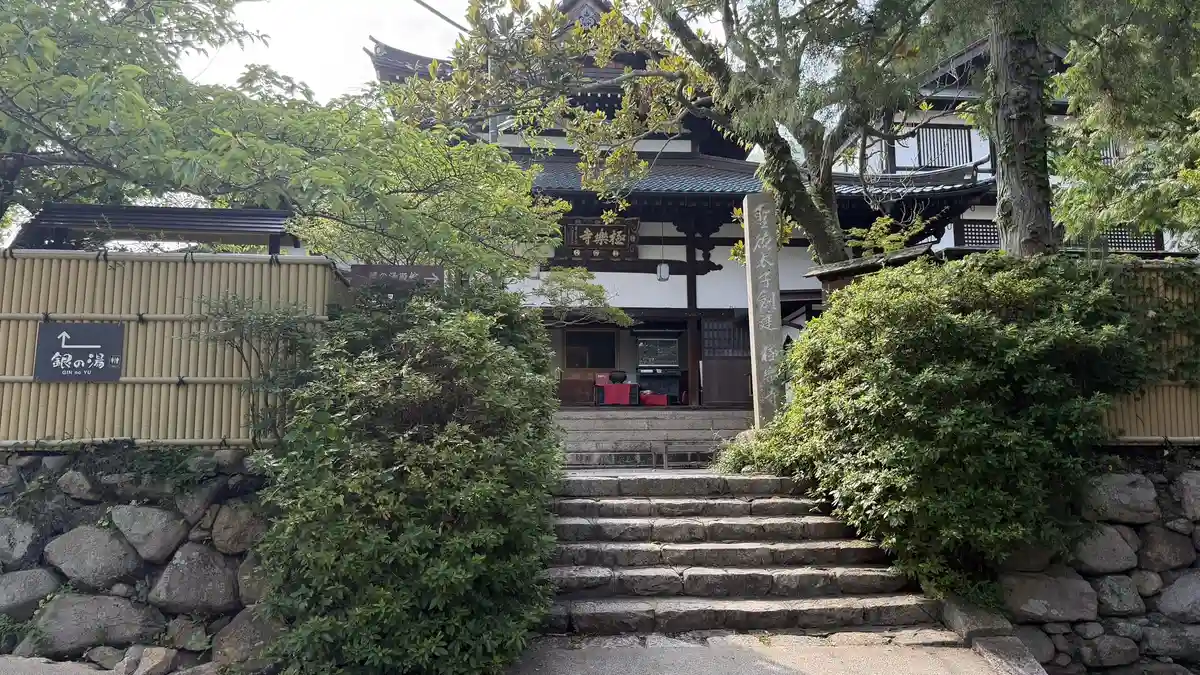 A short flight of steps between plantings, leading to the main hall.