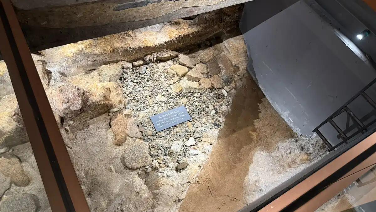 Palace remains: stonework and soil surface preserved under the floor.