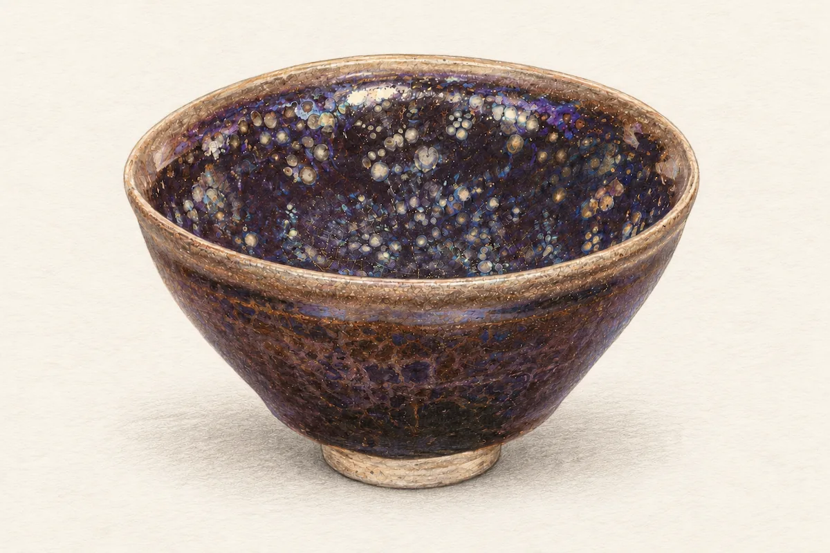 AI illustration of a dark tea bowl with iridescent spots, inspired by the yōhen tenmoku (No. 115)