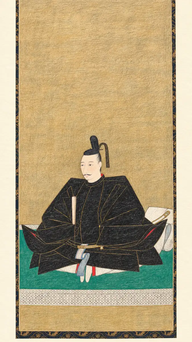 AI illustration of Oda Nobunaga seated in black court robes, holding a ceremonial baton against a warm brown background