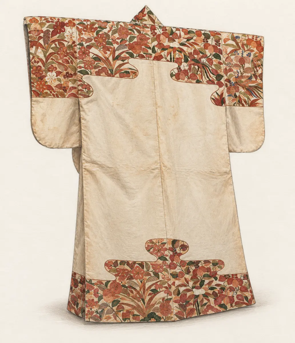 AI生成示意圖：參考萌葱地雪持柳桐菊藤梅文片身替唐織（展品No.165）製作的示意圖