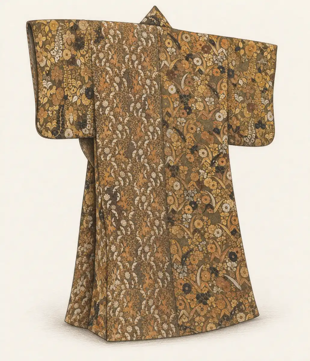 AI生成示意圖：參考白地桐鳳凰蘆櫻雪持竹文肩裾縫箔（展品No.167）製作的示意圖