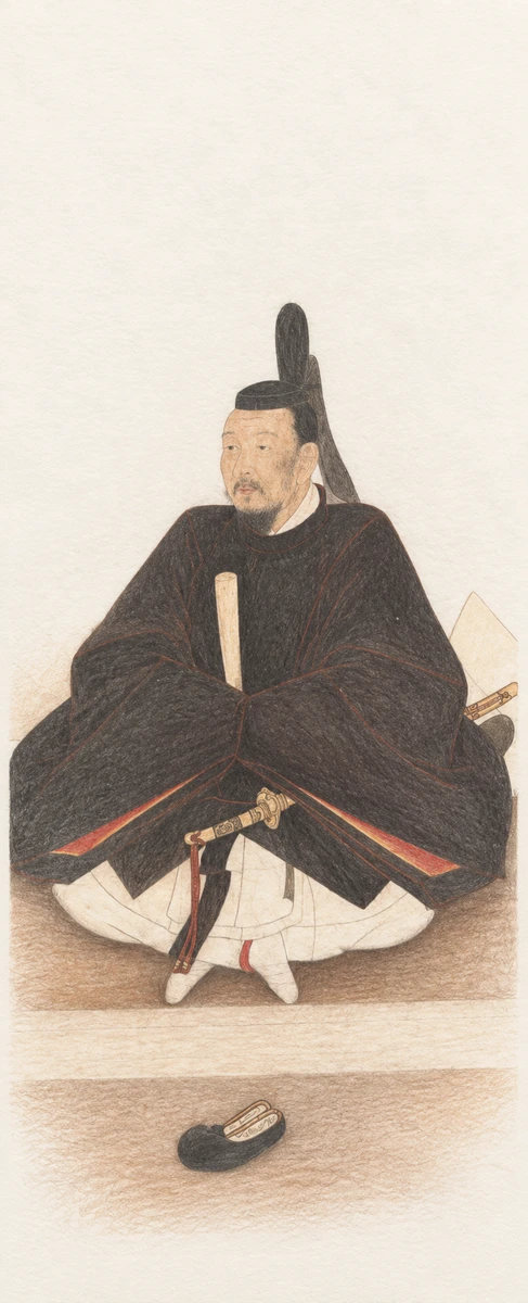 AI生成示意圖：參考奈良長谷寺藏豐臣秀長像（展品No.4）製作的示意圖