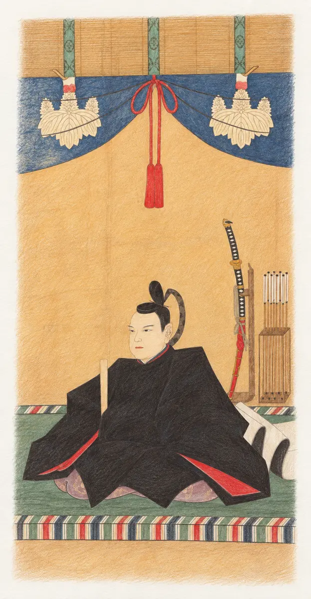 AI生成示意圖：參考奈良春岳院藏豐臣秀長像（展品No.6）製作的示意圖