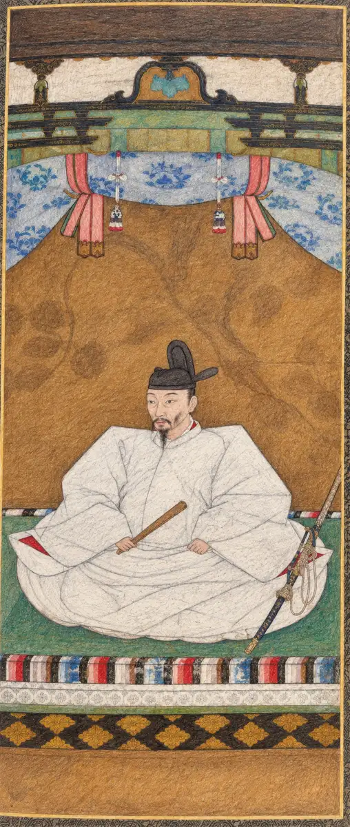 AI illustration of Toyotomi Hideyoshi in white court robes beneath a decorated blue curtain