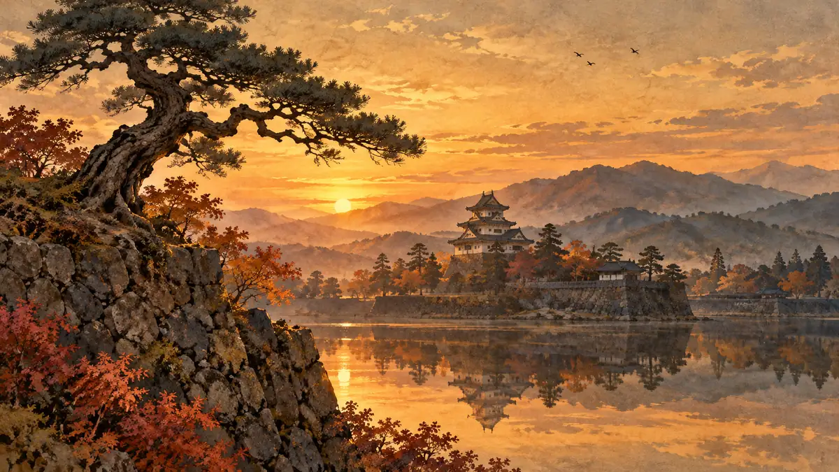 古木の向こうに城と夕焼けが広がる風景(AI生成イラスト)